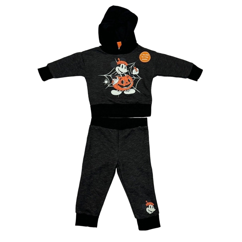 Disney Baby Hoodie Jogger Set 12M Charcoal Mickey Mouse Pumpkin Halloween Glow
